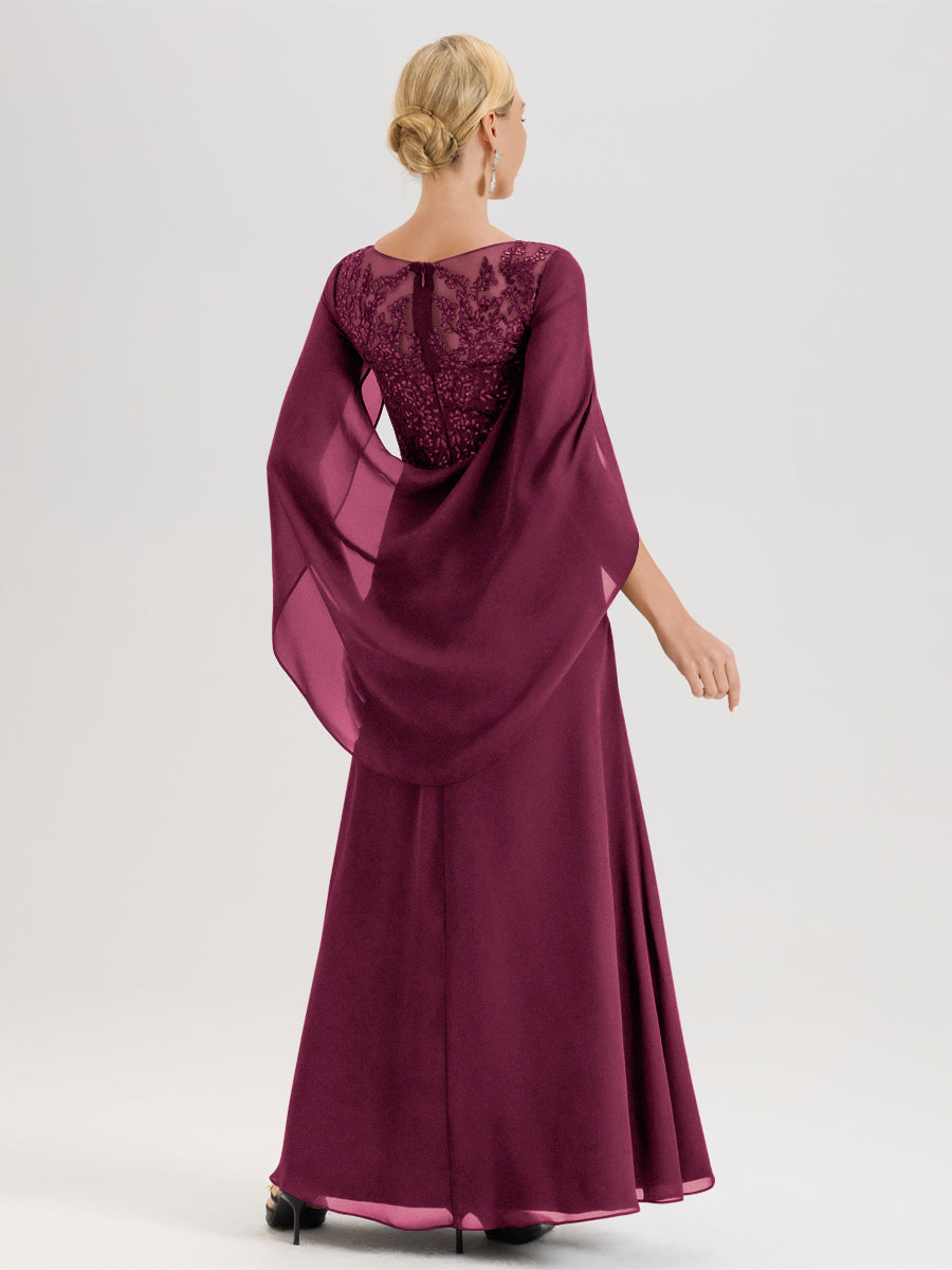 Cicinia Mûre Robe De Mère De La Mariée Longue Ligne A En Dentelle Appliquée Et Mousseline À Manches Volantes Et Col Illusion