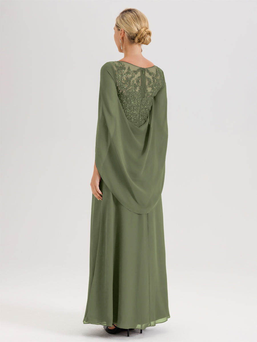 Cicinia Vert Olive Robe De Mère De La Mariée Longue Ligne A En Dentelle Appliquée Et Mousseline À Manches Volantes Et Col Illusion