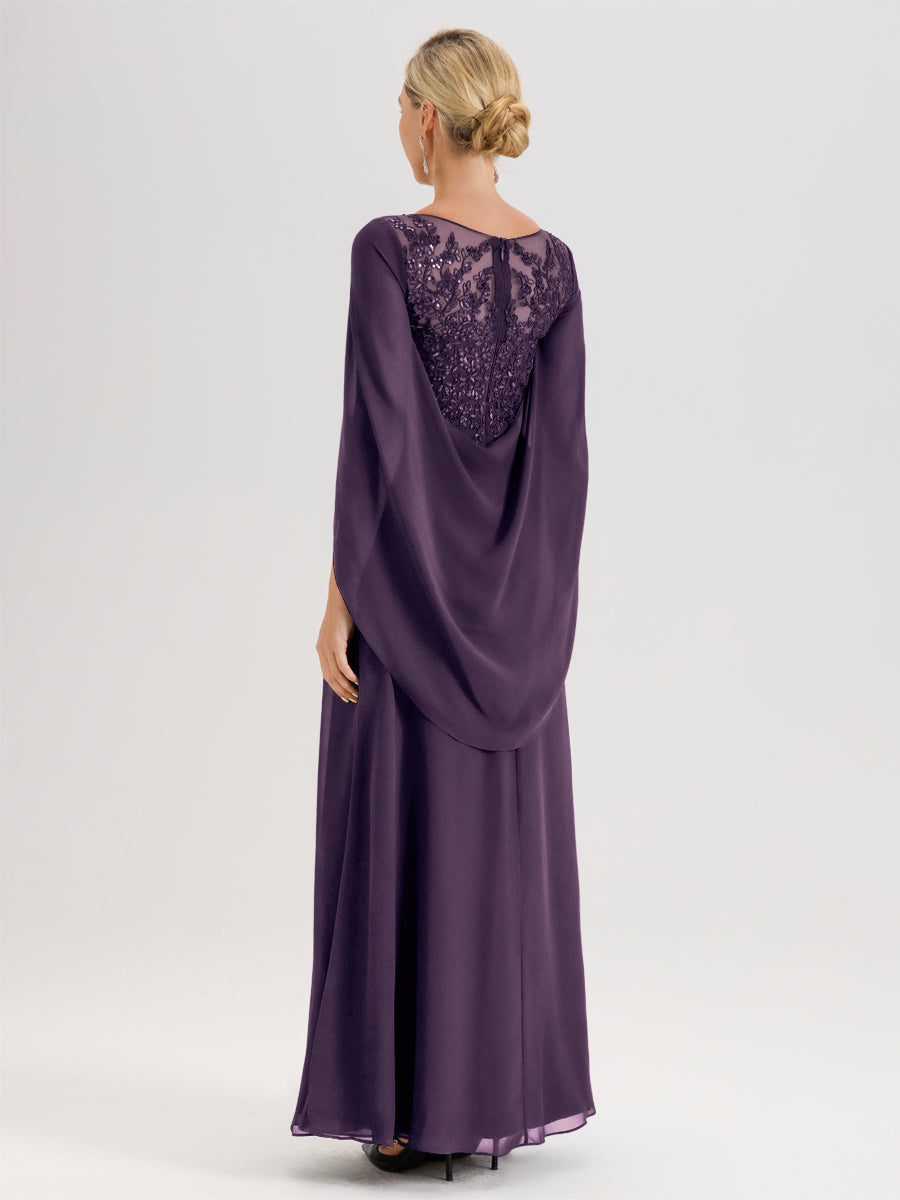 Cicinia Plum Robe De Mère De La Mariée Longue Ligne A En Dentelle Appliquée Et Mousseline À Manches Volantes Et Col Illusion