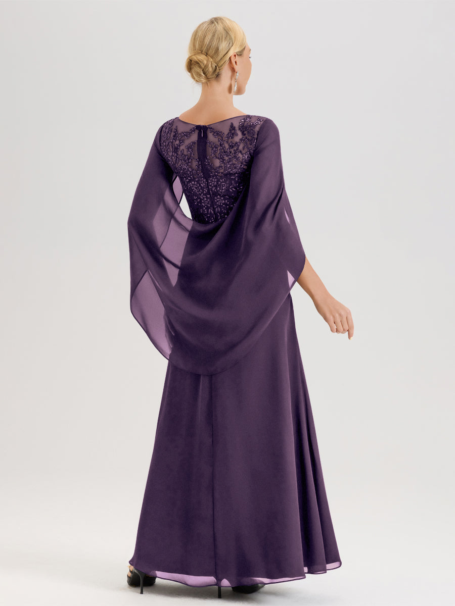 Cicinia Plum Robe De Mère De La Mariée Longue Ligne A En Dentelle Appliquée Et Mousseline À Manches Volantes Et Col Illusion