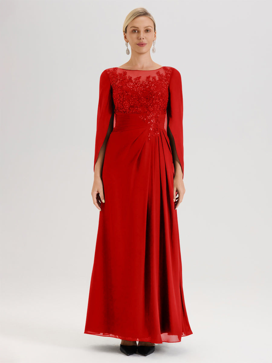 Cicinia Rouge Robe De Mère De La Mariée Longue Ligne A En Dentelle Appliquée Et Mousseline À Manches Volantes Et Col Illusion