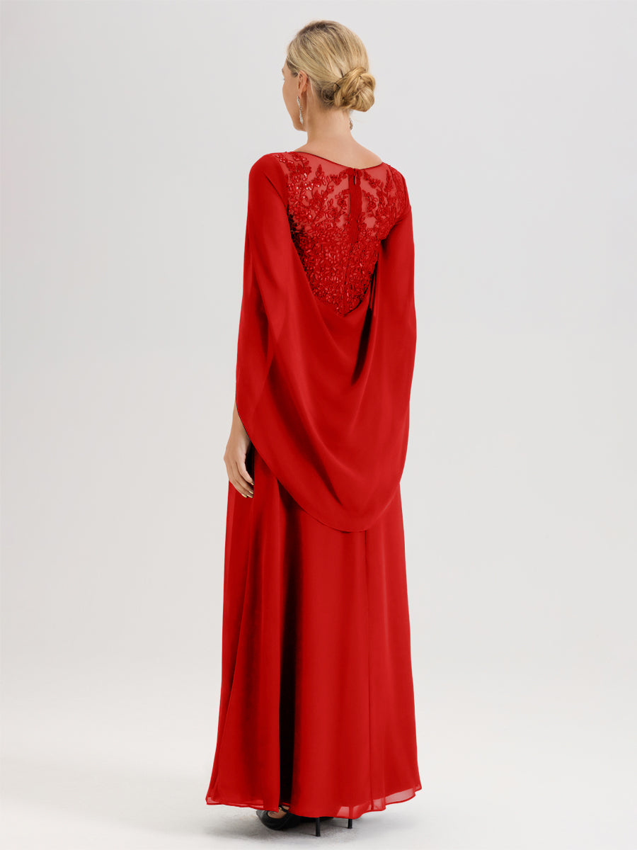 Cicinia Rouge Robe De Mère De La Mariée Longue Ligne A En Dentelle Appliquée Et Mousseline À Manches Volantes Et Col Illusion