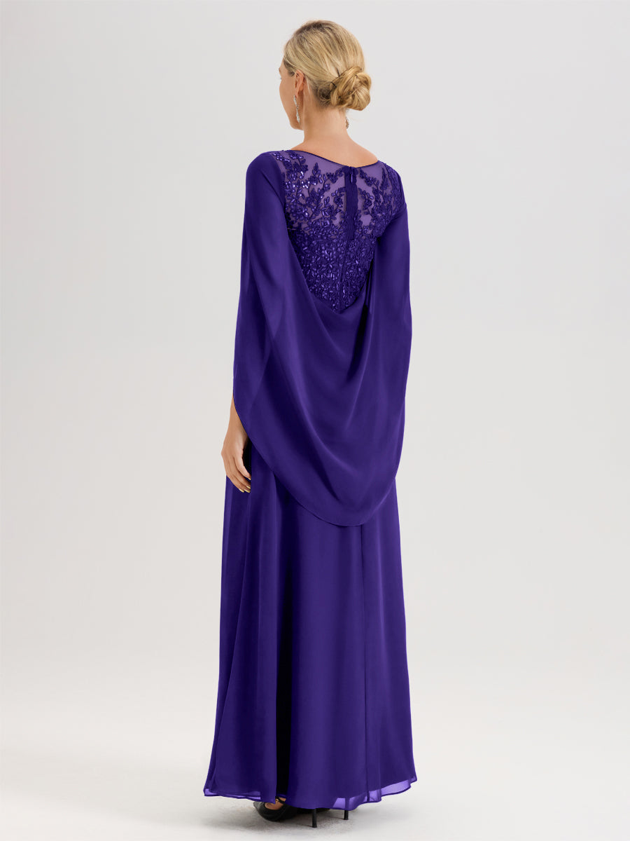 Cicinia Régence Robe De Mère De La Mariée Longue Ligne A En Dentelle Appliquée Et Mousseline À Manches Volantes Et Col Illusion