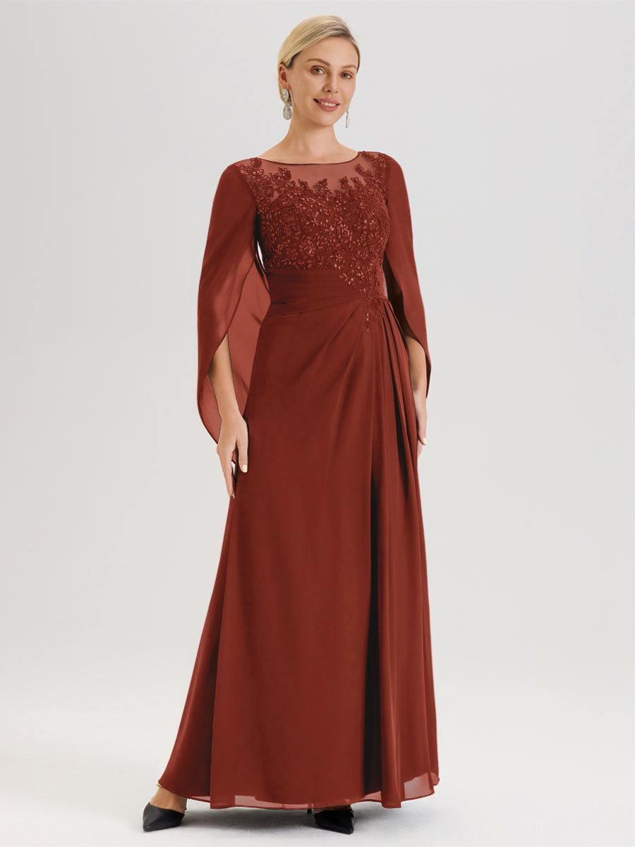 Cicinia Rouille Robe De Mère De La Mariée Longue Ligne A En Dentelle Appliquée Et Mousseline À Manches Volantes Et Col Illusion