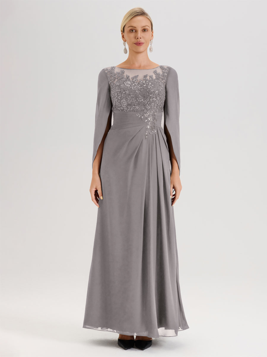 Cicinia Argent Robe De Mère De La Mariée Longue Ligne A En Dentelle Appliquée Et Mousseline À Manches Volantes Et Col Illusion