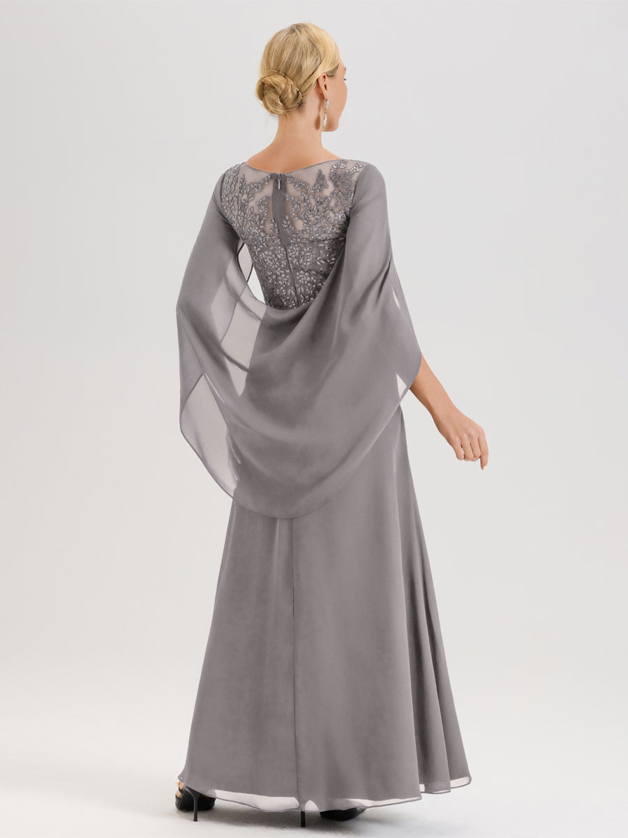 Cicinia Argent Robe De Mère De La Mariée Longue Ligne A En Dentelle Appliquée Et Mousseline À Manches Volantes Et Col Illusion