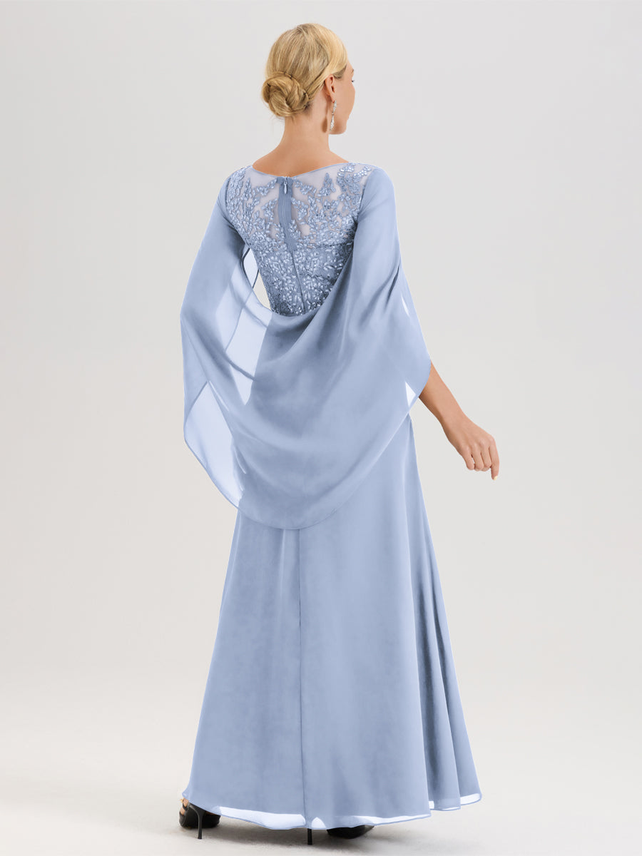 Cicinia Bleu Ciel Robe De Mère De La Mariée Longue Ligne A En Dentelle Appliquée Et Mousseline À Manches Volantes Et Col Illusion