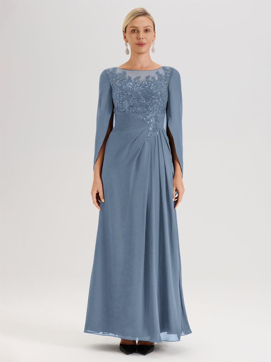 Cicinia Bleu De Schiste Robe De Mère De La Mariée Longue Ligne A En Dentelle Appliquée Et Mousseline À Manches Volantes Et Col Illusion