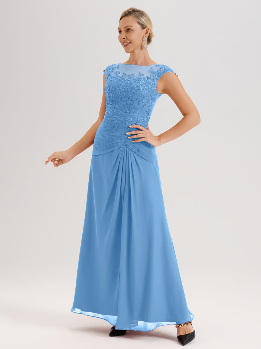 Cicinia Bleu Robe De Mère De La Mariée Longue Ligne A En Dentelle Et Mousseline À Col Ras Du Cou Et Sans Manches