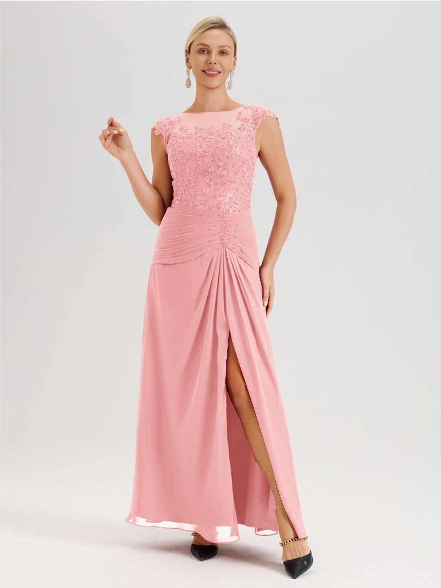 Cicinia Rose Robe De Mère De La Mariée Longue Ligne A En Dentelle Et Mousseline À Col Ras Du Cou Et Sans Manches