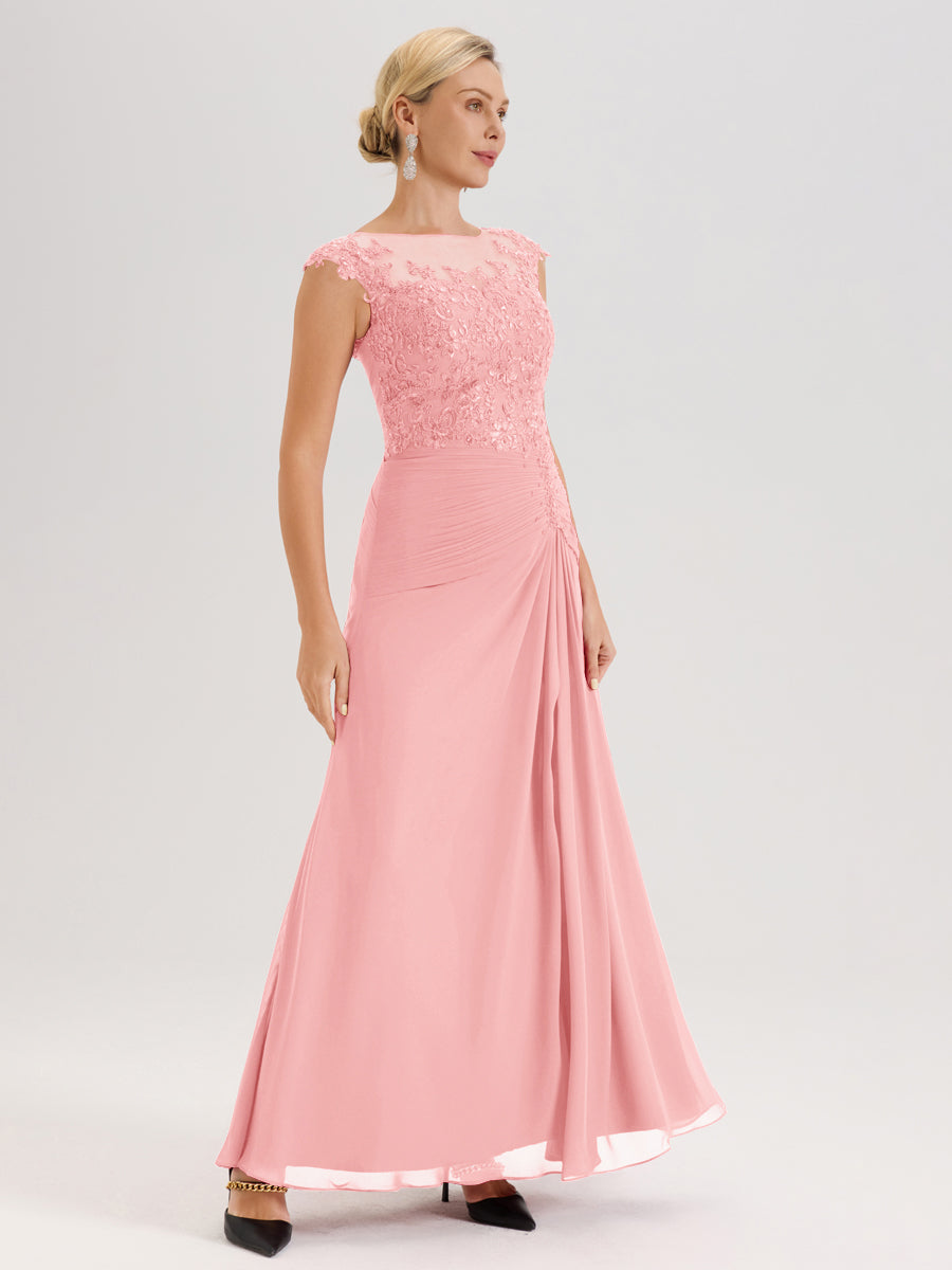 Cicinia Rose Robe De Mère De La Mariée Longue Ligne A En Dentelle Et Mousseline À Col Ras Du Cou Et Sans Manches