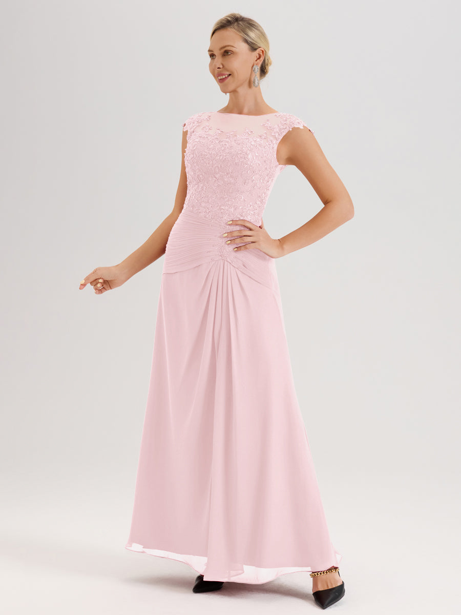 Cicinia Rose Pâle Robe De Mère De La Mariée Longue Ligne A En Dentelle Et Mousseline À Col Ras Du Cou Et Sans Manches