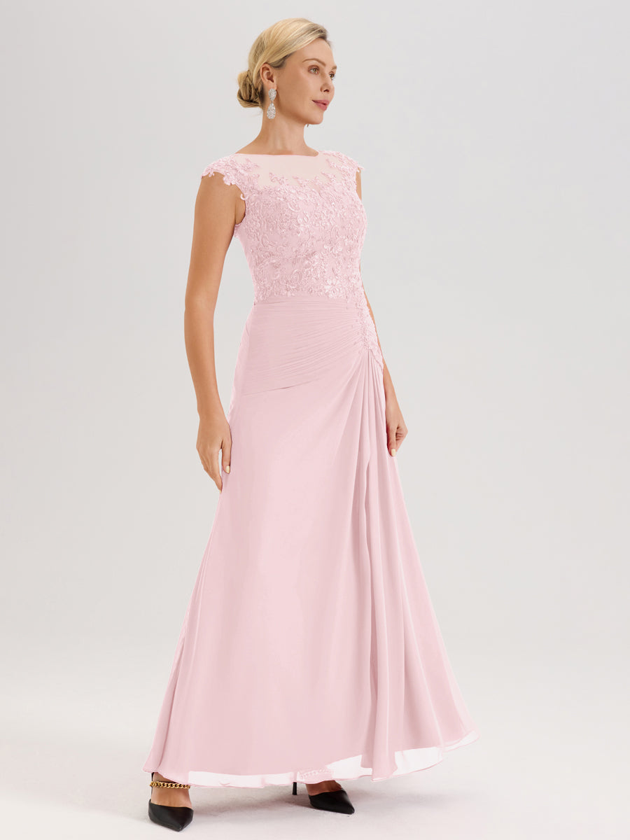 Cicinia Rose Pâle Robe De Mère De La Mariée Longue Ligne A En Dentelle Et Mousseline À Col Ras Du Cou Et Sans Manches