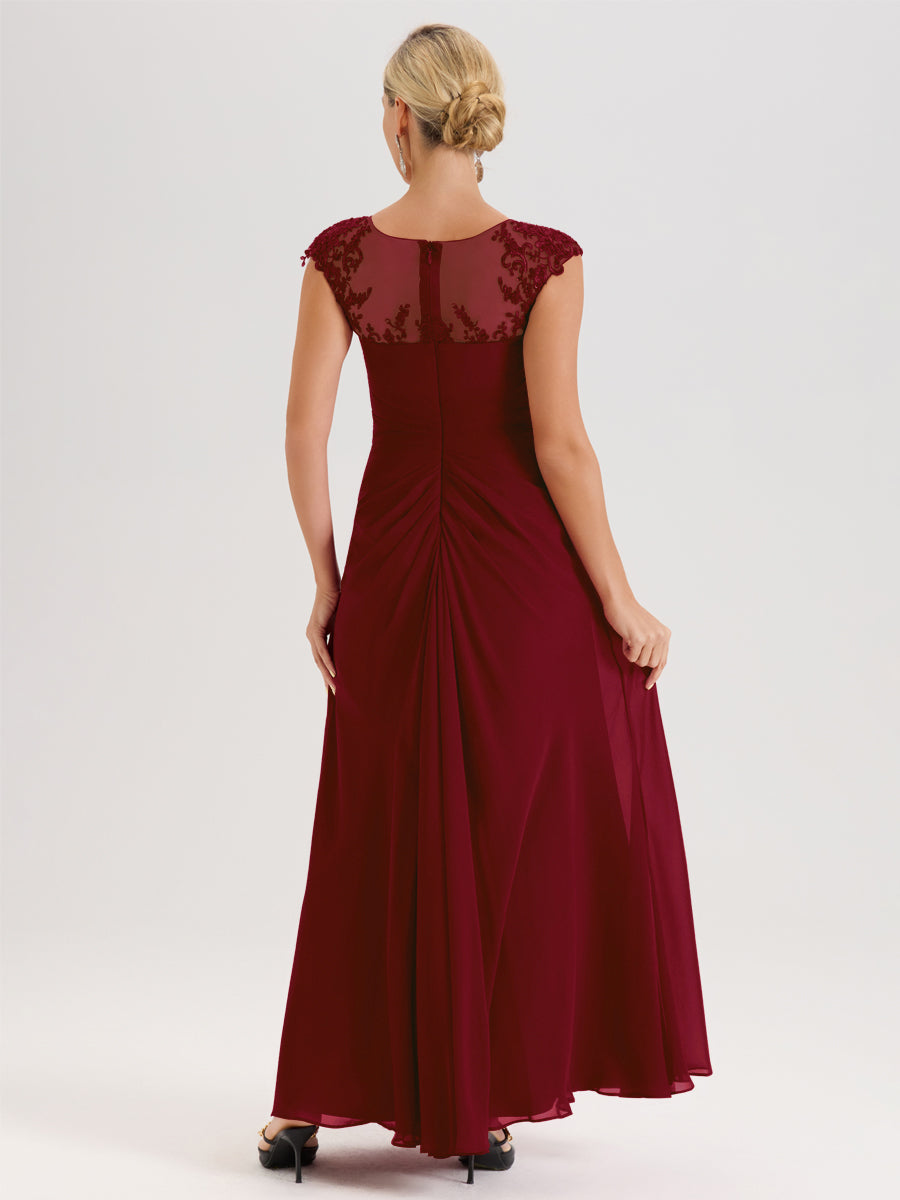Cicinia Bordeaux Robe De Mère De La Mariée Longue Ligne A En Dentelle Et Mousseline À Col Ras Du Cou Et Sans Manches