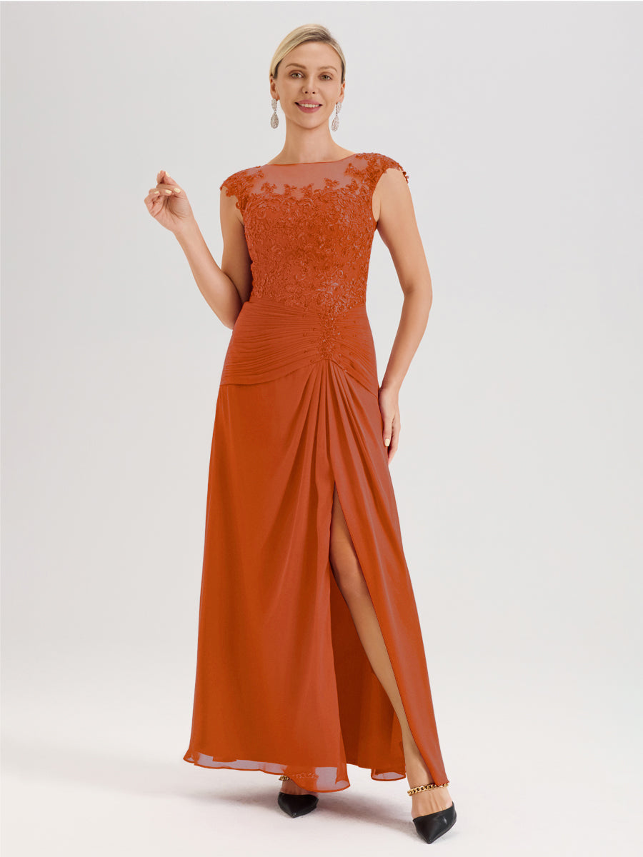 Cicinia Orange Brûlé Robe De Mère De La Mariée Longue Ligne A En Dentelle Et Mousseline À Col Ras Du Cou Et Sans Manches