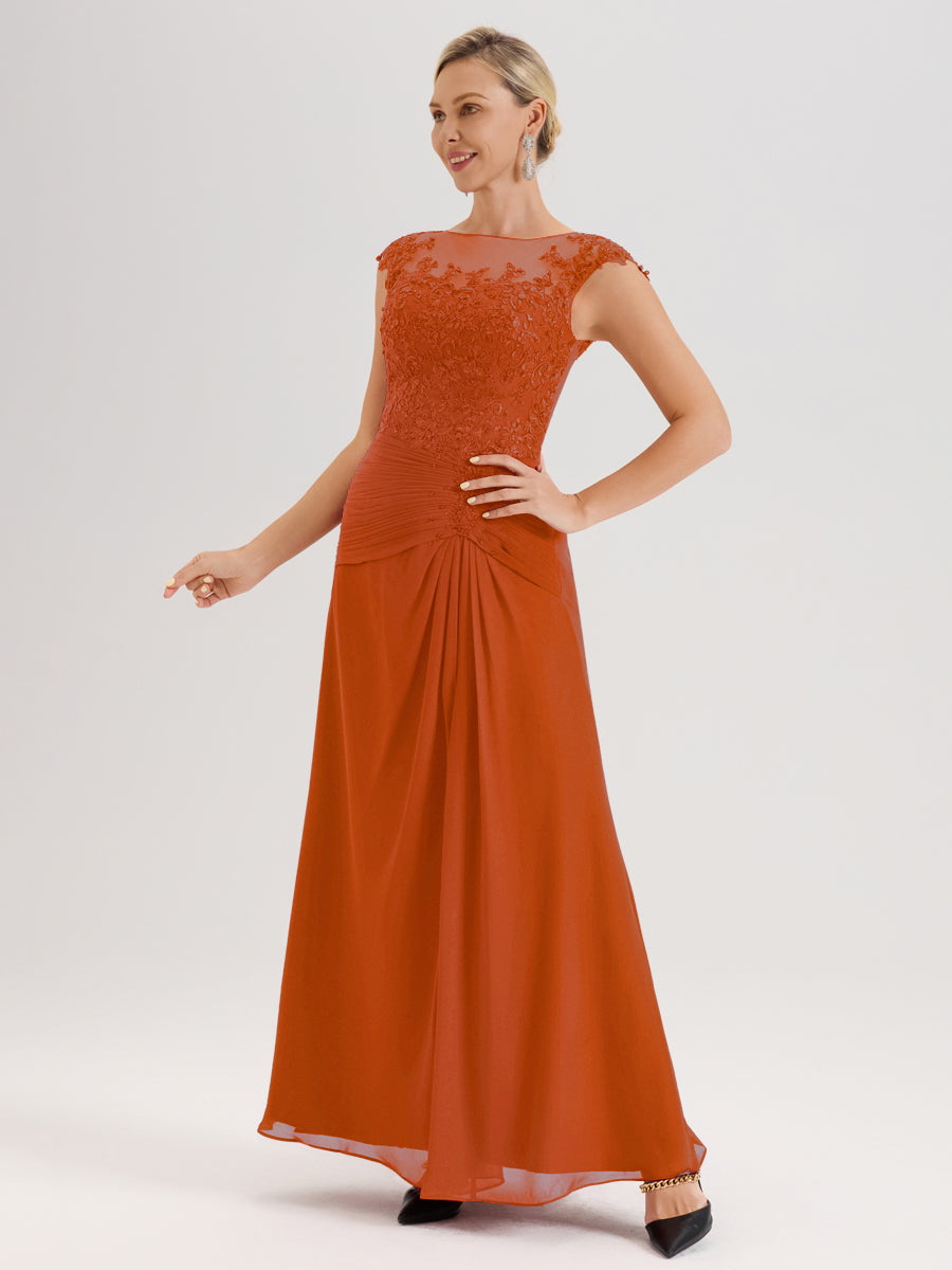 Cicinia Orange Brûlé Robe De Mère De La Mariée Longue Ligne A En Dentelle Et Mousseline À Col Ras Du Cou Et Sans Manches