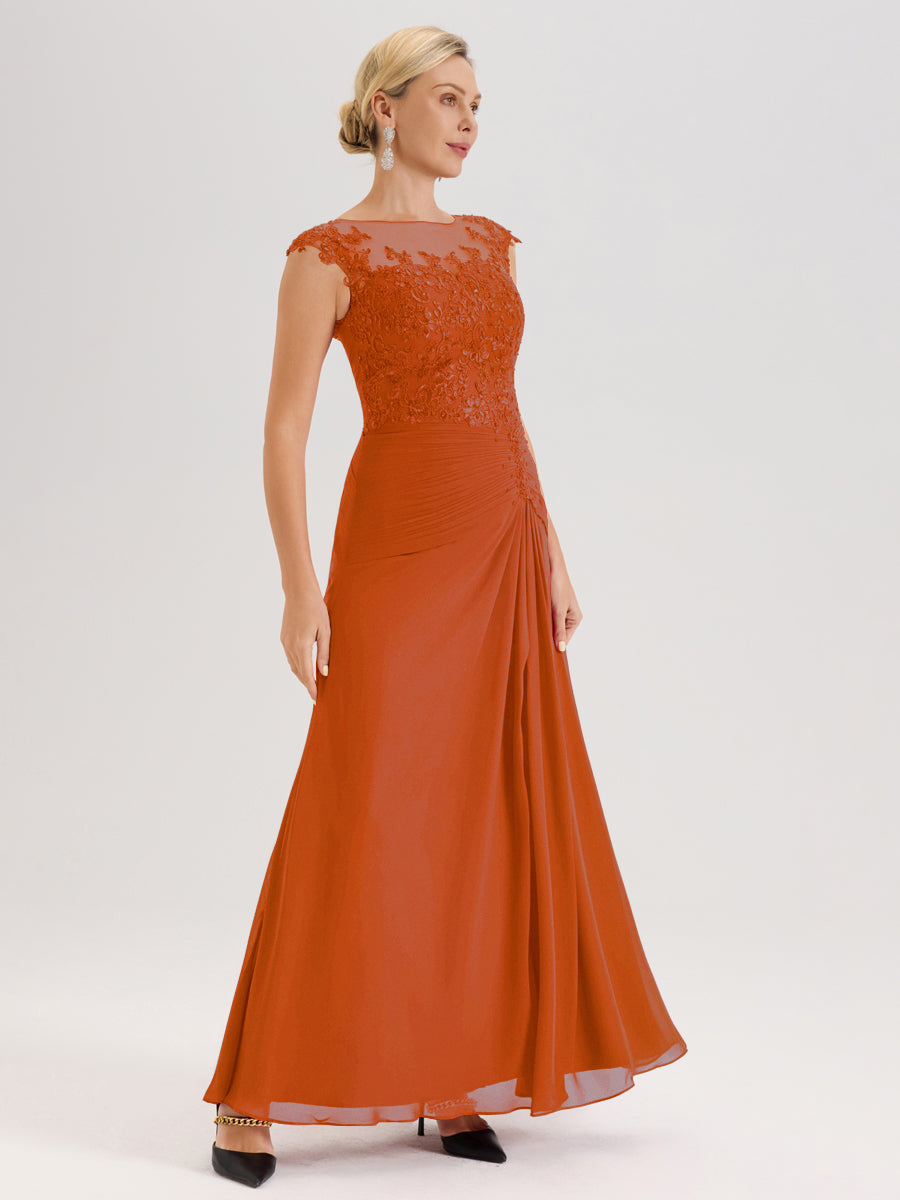 Cicinia Orange Brûlé Robe De Mère De La Mariée Longue Ligne A En Dentelle Et Mousseline À Col Ras Du Cou Et Sans Manches