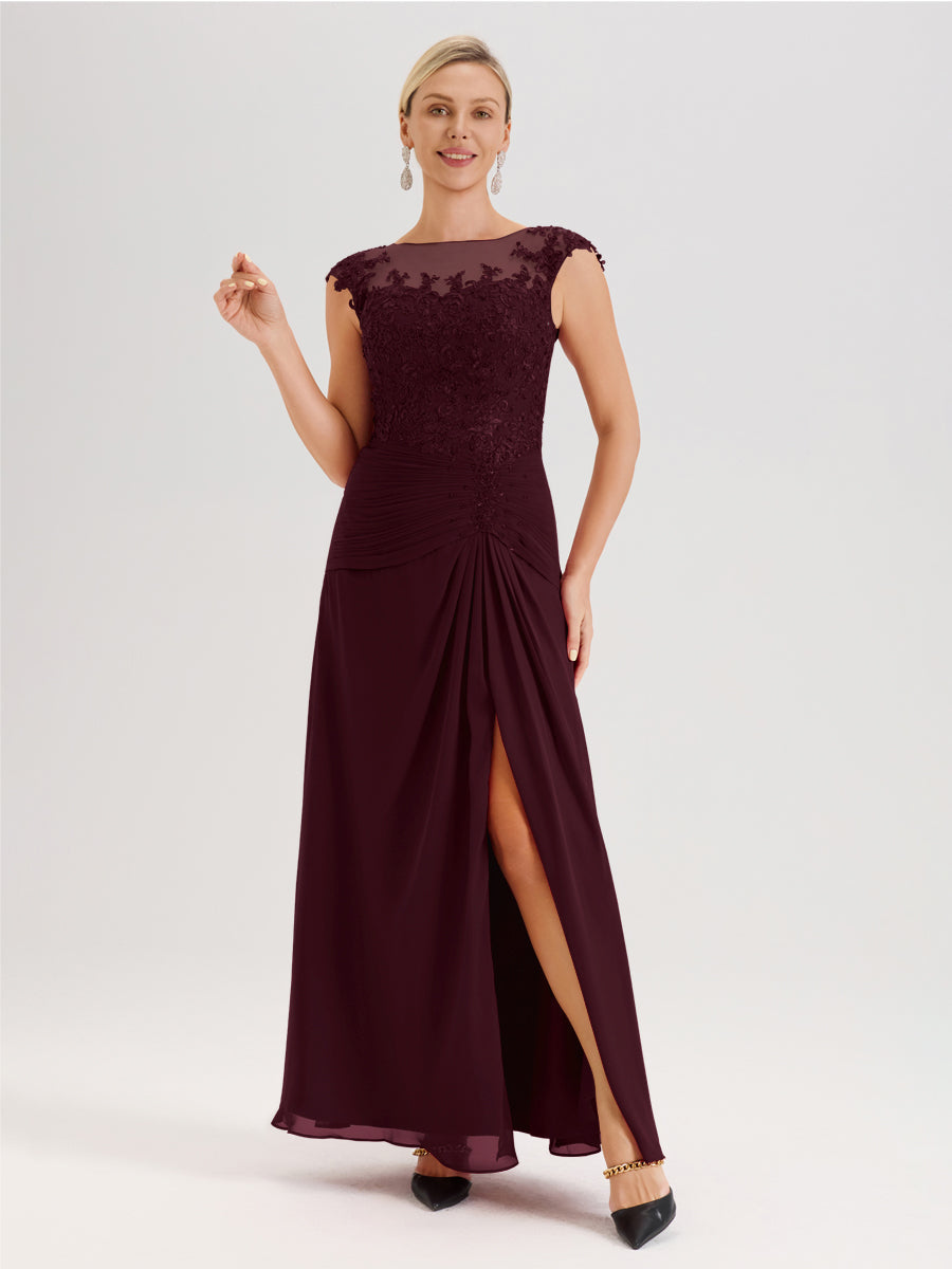 Cicinia Cabernet Robe De Mère De La Mariée Longue Ligne A En Dentelle Et Mousseline À Col Ras Du Cou Et Sans Manches