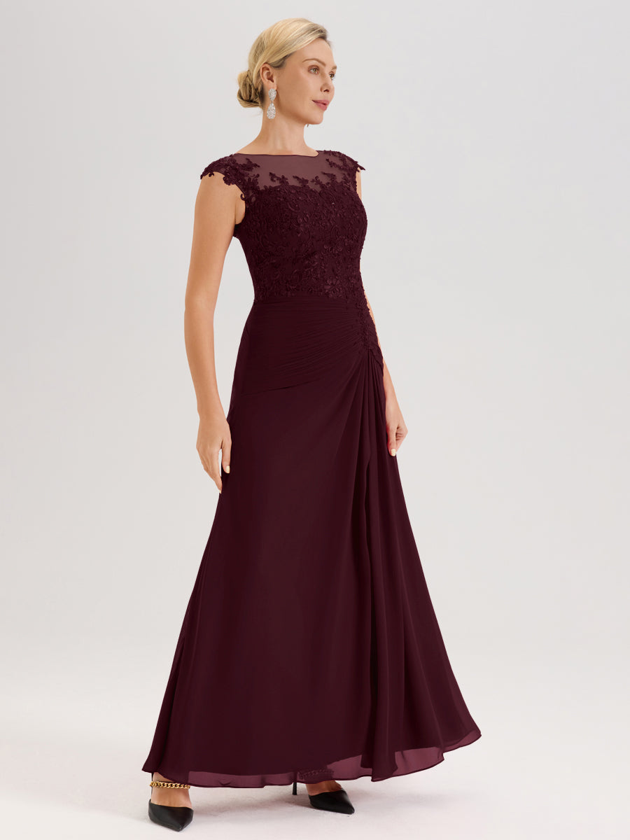 Cicinia Cabernet Robe De Mère De La Mariée Longue Ligne A En Dentelle Et Mousseline À Col Ras Du Cou Et Sans Manches