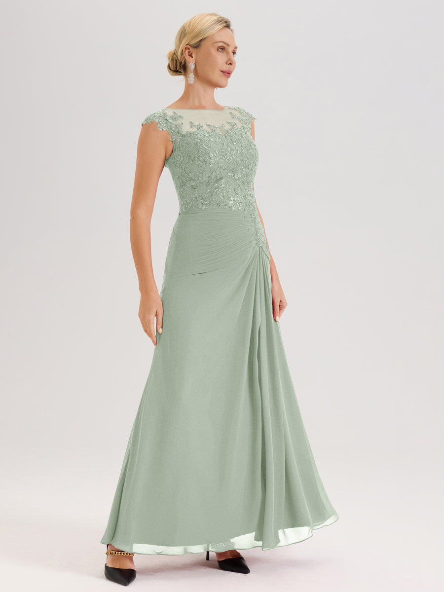 Cicinia Celadon Robe De Mère De La Mariée Longue Ligne A En Dentelle Et Mousseline À Col Ras Du Cou Et Sans Manches
