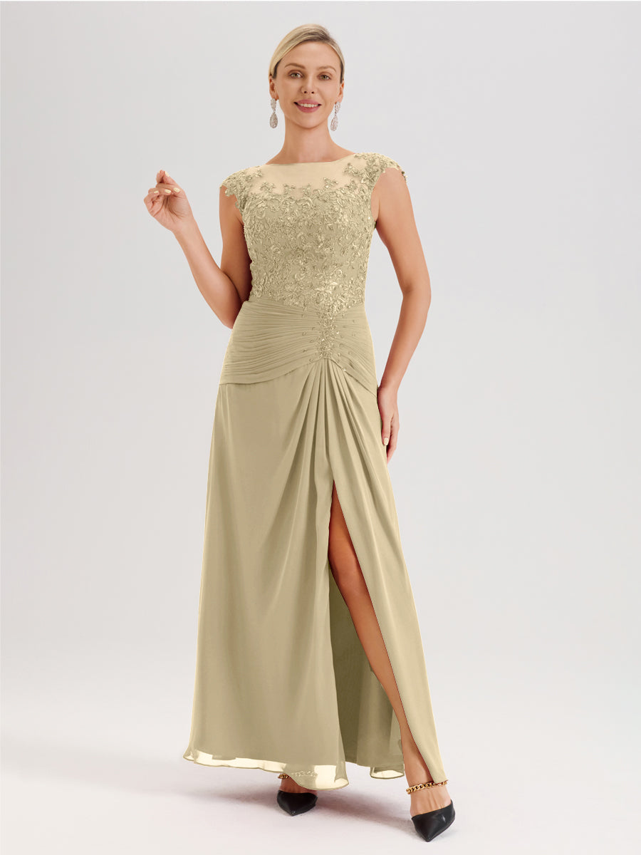 Cicinia Champagne Robe De Mère De La Mariée Longue Ligne A En Dentelle Et Mousseline À Col Ras Du Cou Et Sans Manches