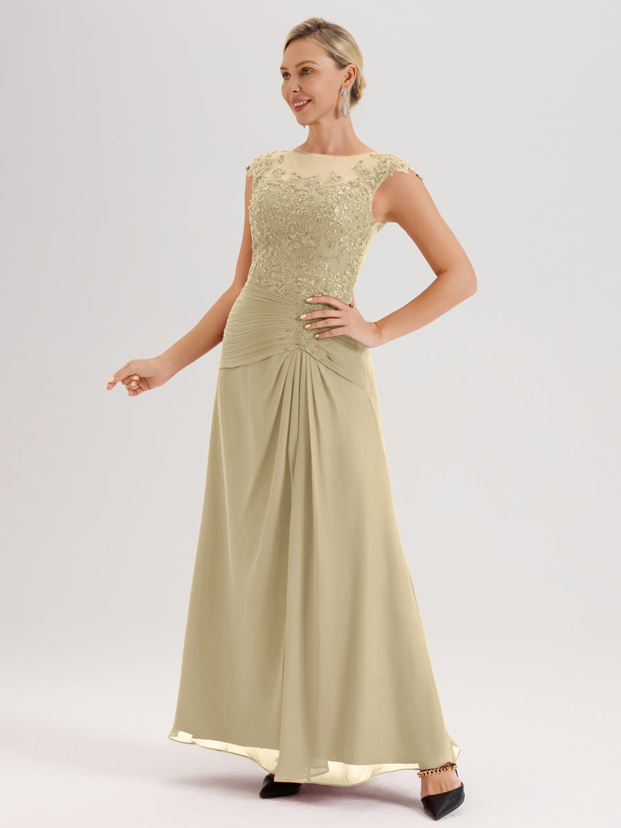 Cicinia Champagne Robe De Mère De La Mariée Longue Ligne A En Dentelle Et Mousseline À Col Ras Du Cou Et Sans Manches