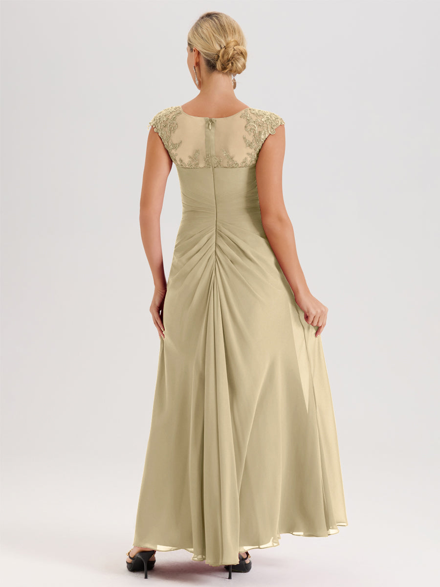 Cicinia Champagne Robe De Mère De La Mariée Longue Ligne A En Dentelle Et Mousseline À Col Ras Du Cou Et Sans Manches