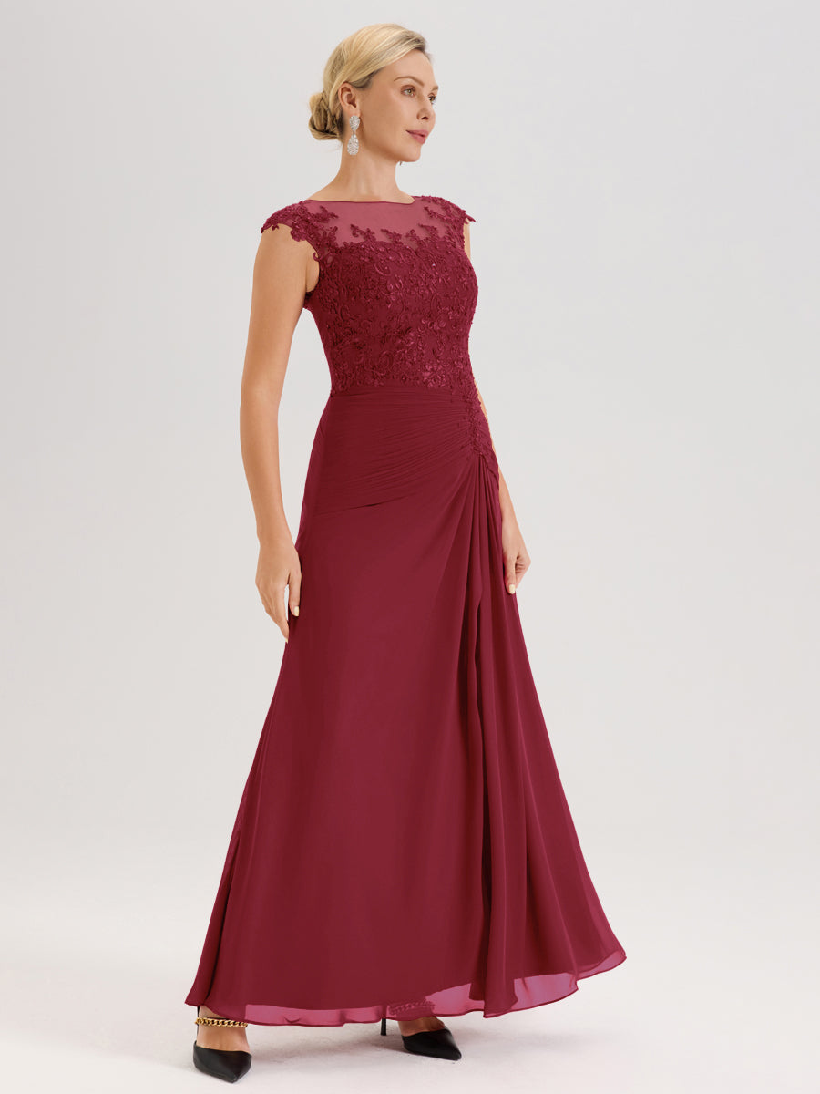 Cicinia Rose Cannelle Robe De Mère De La Mariée Longue Ligne A En Dentelle Et Mousseline À Col Ras Du Cou Et Sans Manches