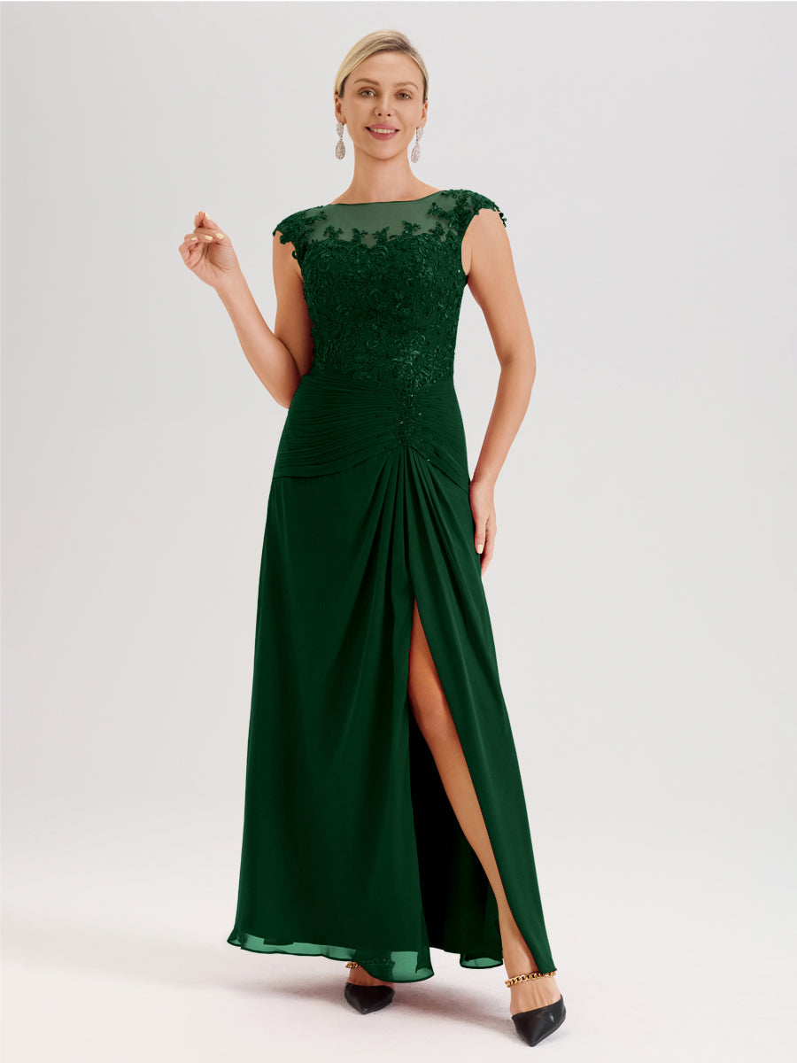 Cicinia Vert Foncé Robe De Mère De La Mariée Longue Ligne A En Dentelle Et Mousseline À Col Ras Du Cou Et Sans Manches