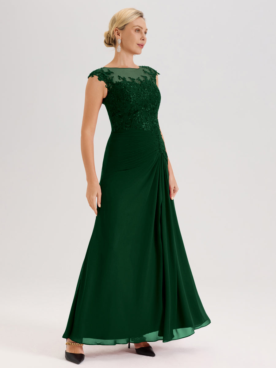 Cicinia Vert Foncé Robe De Mère De La Mariée Longue Ligne A En Dentelle Et Mousseline À Col Ras Du Cou Et Sans Manches