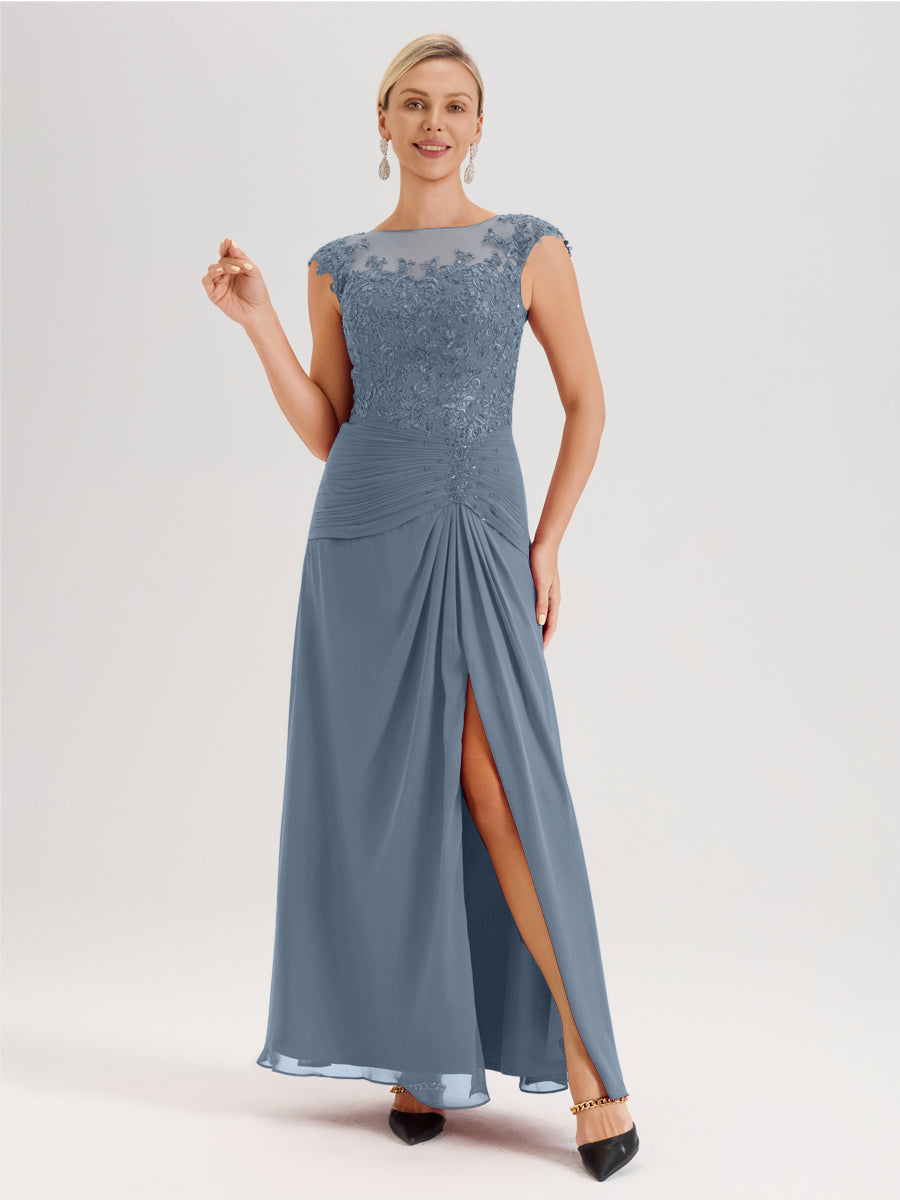 Cicinia Bleu Poudré Robe De Mère De La Mariée Longue Ligne A En Dentelle Et Mousseline À Col Ras Du Cou Et Sans Manches