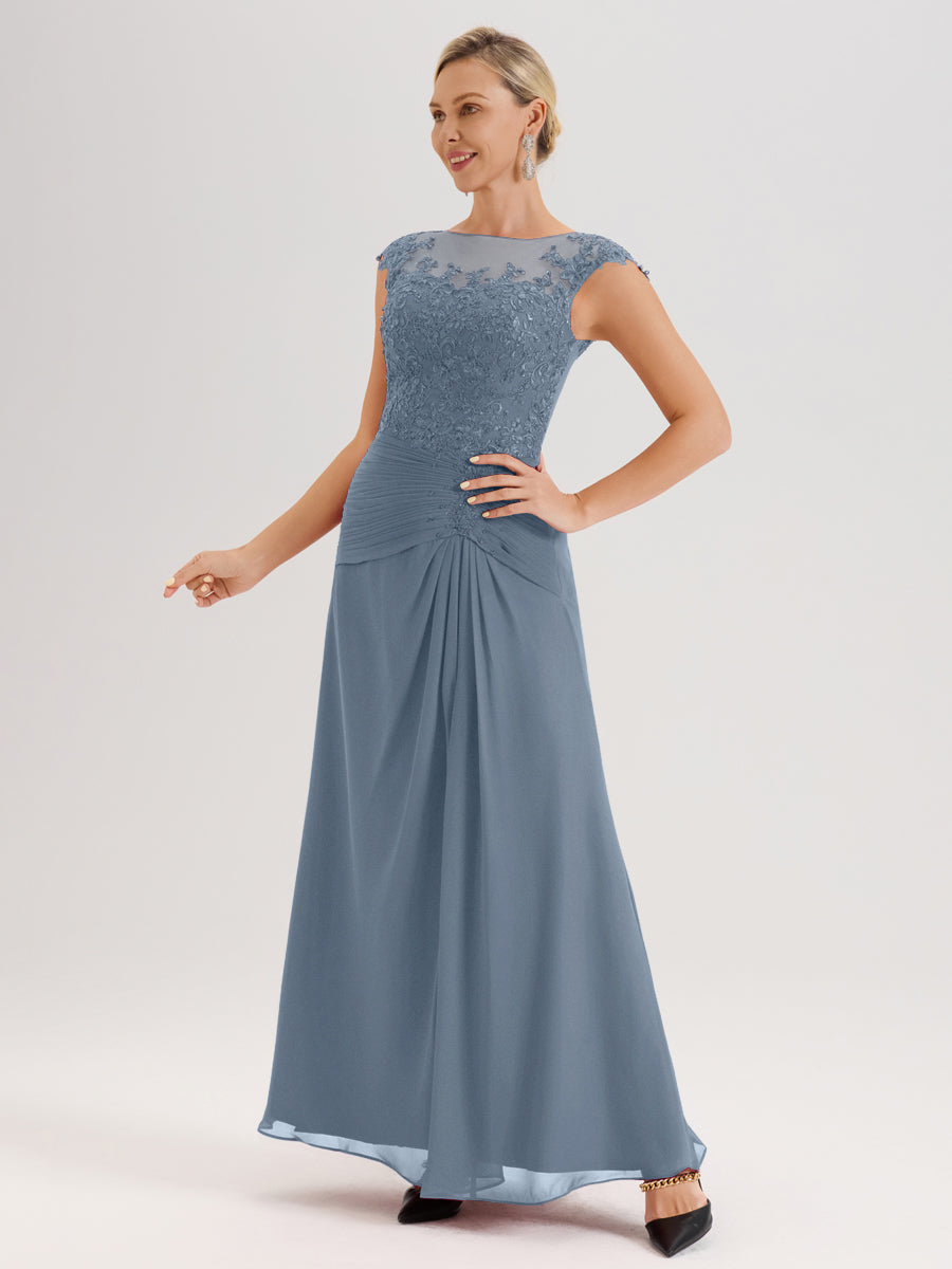 Cicinia Bleu Poudré Robe De Mère De La Mariée Longue Ligne A En Dentelle Et Mousseline À Col Ras Du Cou Et Sans Manches