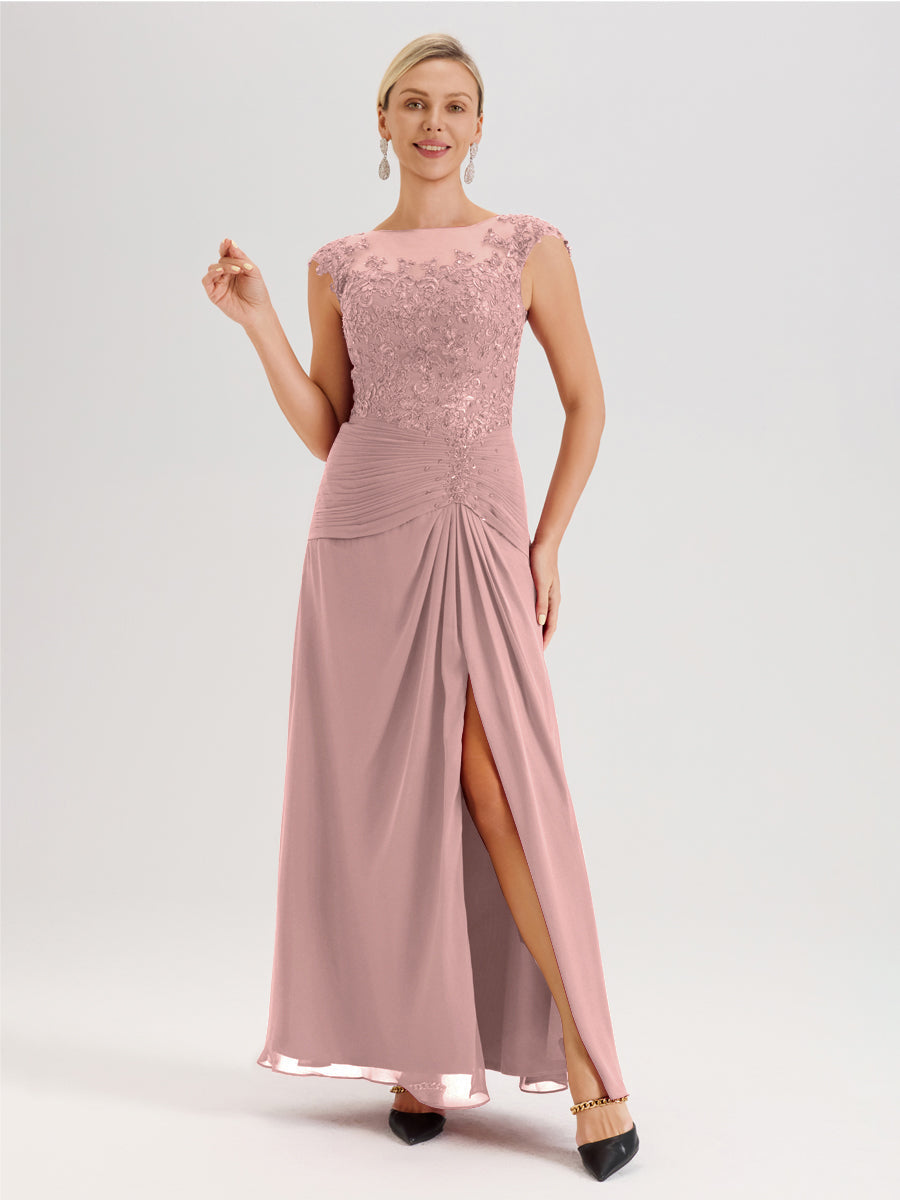 Cicinia Rose Poudré Robe De Mère De La Mariée Longue Ligne A En Dentelle Et Mousseline À Col Ras Du Cou Et Sans Manches