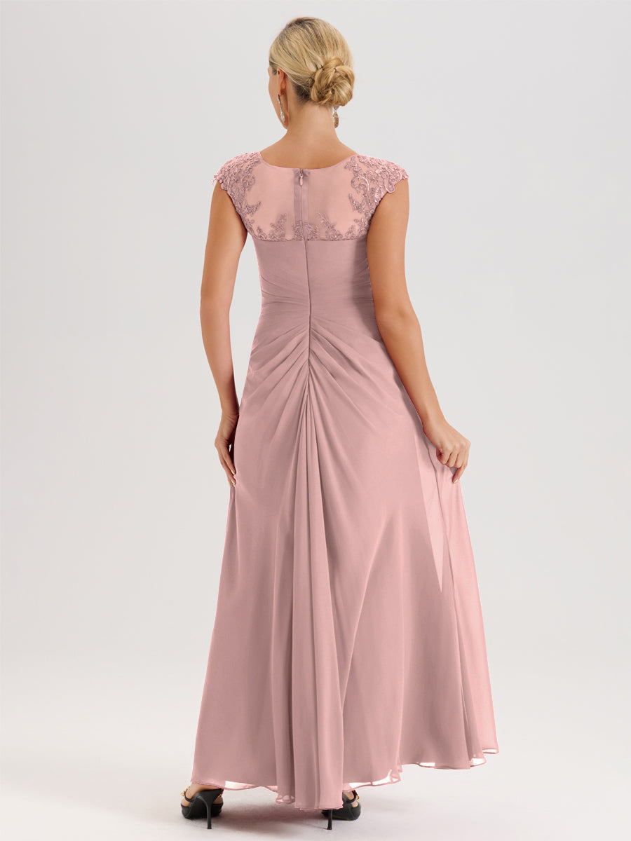 Cicinia Rose Poudré Robe De Mère De La Mariée Longue Ligne A En Dentelle Et Mousseline À Col Ras Du Cou Et Sans Manches