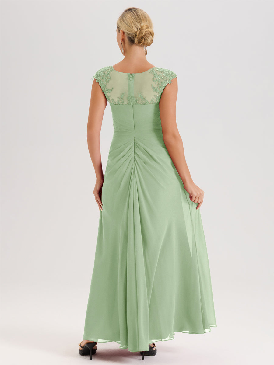 Cicinia Sauge Poudrée Robe De Mère De La Mariée Longue Ligne A En Dentelle Et Mousseline À Col Ras Du Cou Et Sans Manches