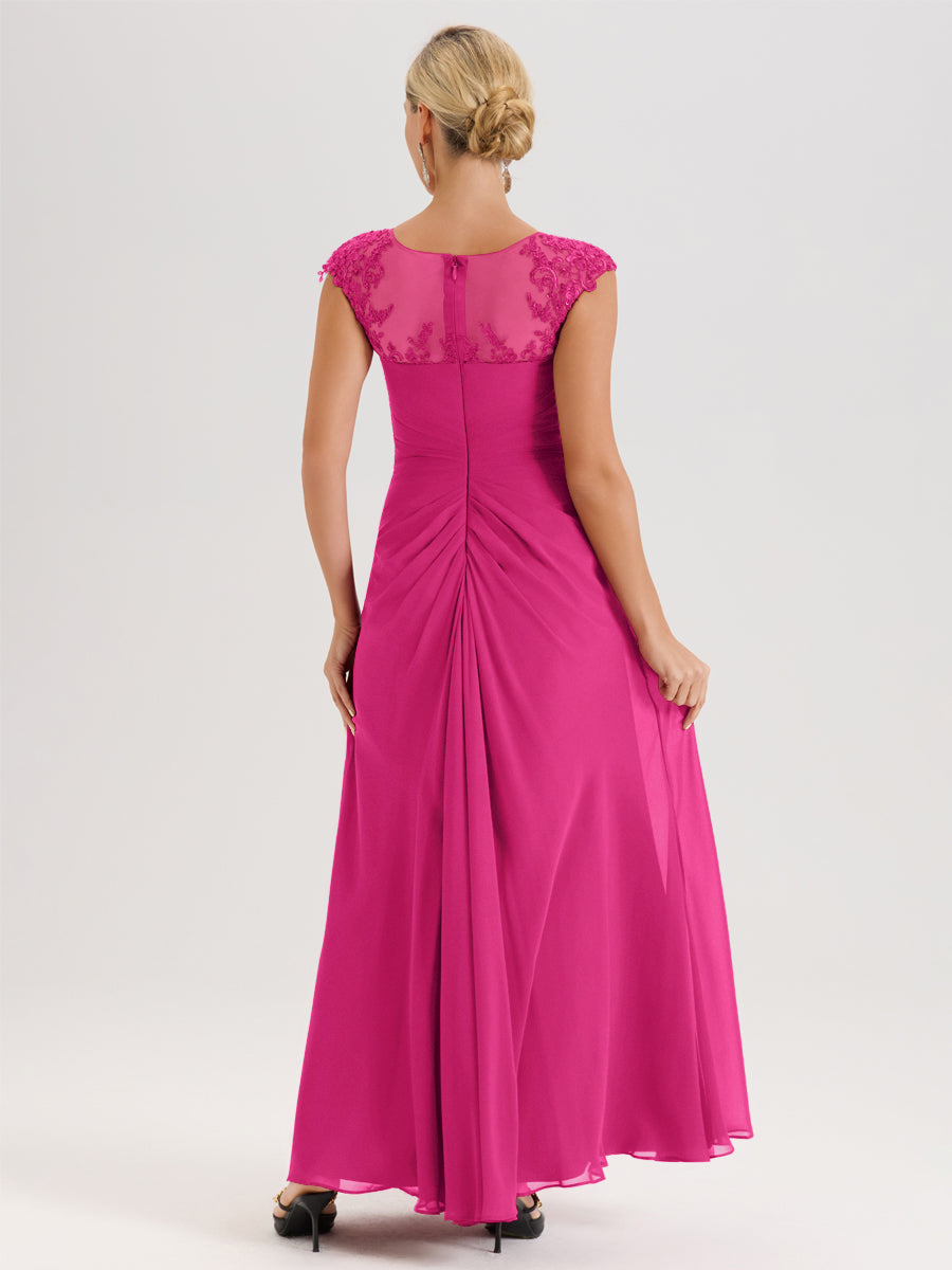 Cicinia Fuchsia Robe De Mère De La Mariée Longue Ligne A En Dentelle Et Mousseline À Col Ras Du Cou Et Sans Manches