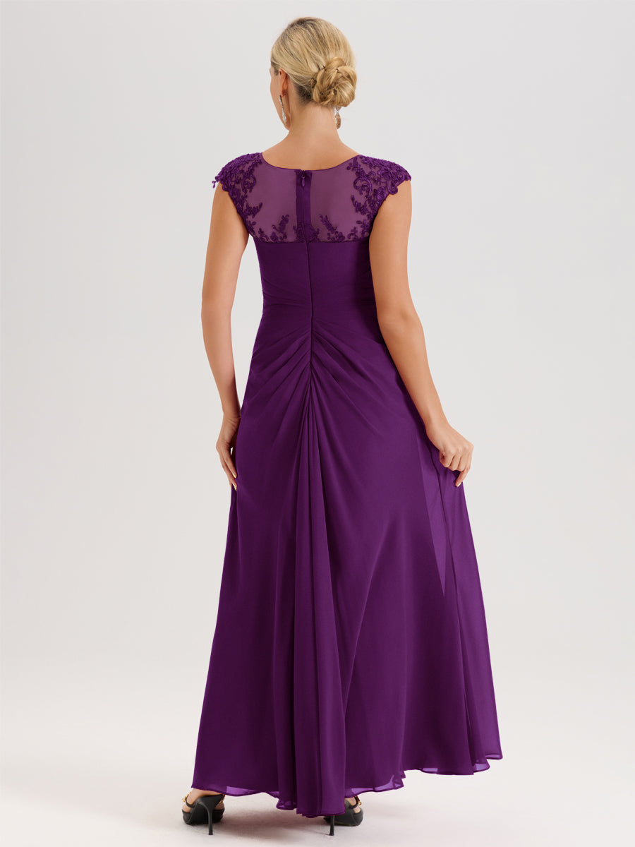 Cicinia Raisin Robe De Mère De La Mariée Longue Ligne A En Dentelle Et Mousseline À Col Ras Du Cou Et Sans Manches