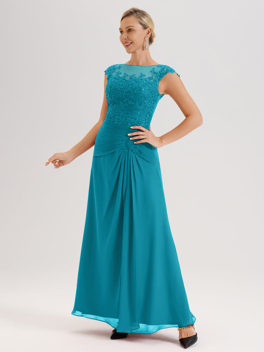 Cicinia Jade Robe De Mère De La Mariée Longue Ligne A En Dentelle Et Mousseline À Col Ras Du Cou Et Sans Manches