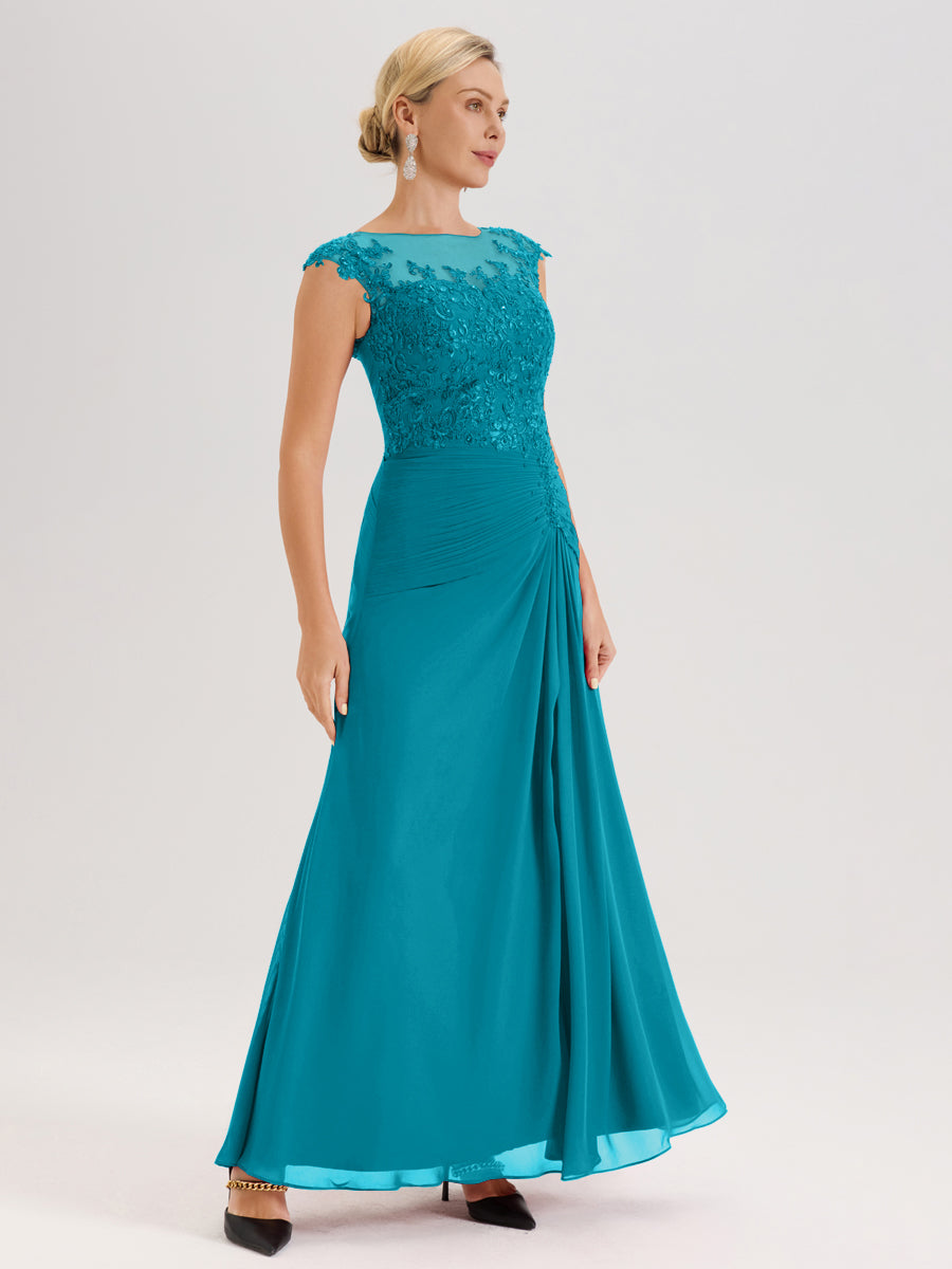 Cicinia Jade Robe De Mère De La Mariée Longue Ligne A En Dentelle Et Mousseline À Col Ras Du Cou Et Sans Manches
