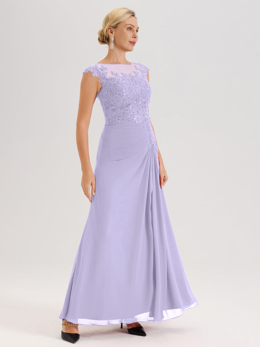 Cicinia Lilas Robe De Mère De La Mariée Longue Ligne A En Dentelle Et Mousseline À Col Ras Du Cou Et Sans Manches