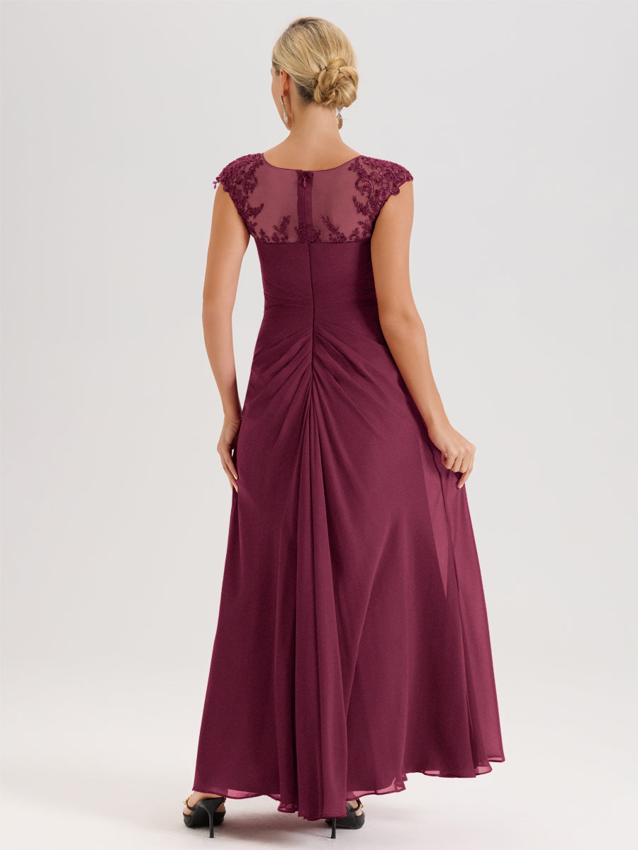 Cicinia Mûre Robe De Mère De La Mariée Longue Ligne A En Dentelle Et Mousseline À Col Ras Du Cou Et Sans Manches