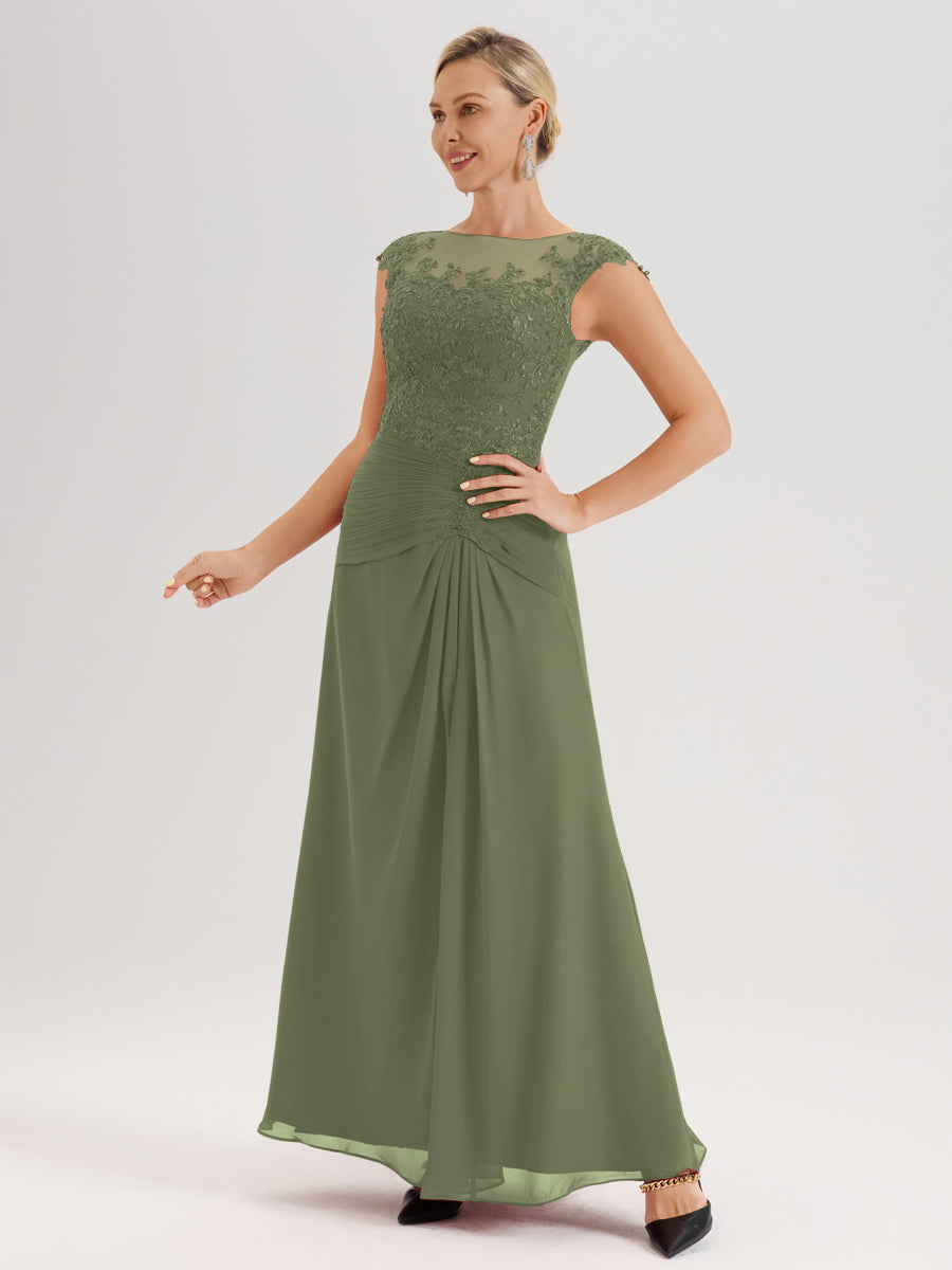Cicinia Vert Olive Robe De Mère De La Mariée Longue Ligne A En Dentelle Et Mousseline À Col Ras Du Cou Et Sans Manches