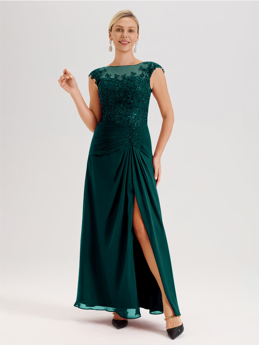Cicinia Paon Robe De Mère De La Mariée Longue Ligne A En Dentelle Et Mousseline À Col Ras Du Cou Et Sans Manches