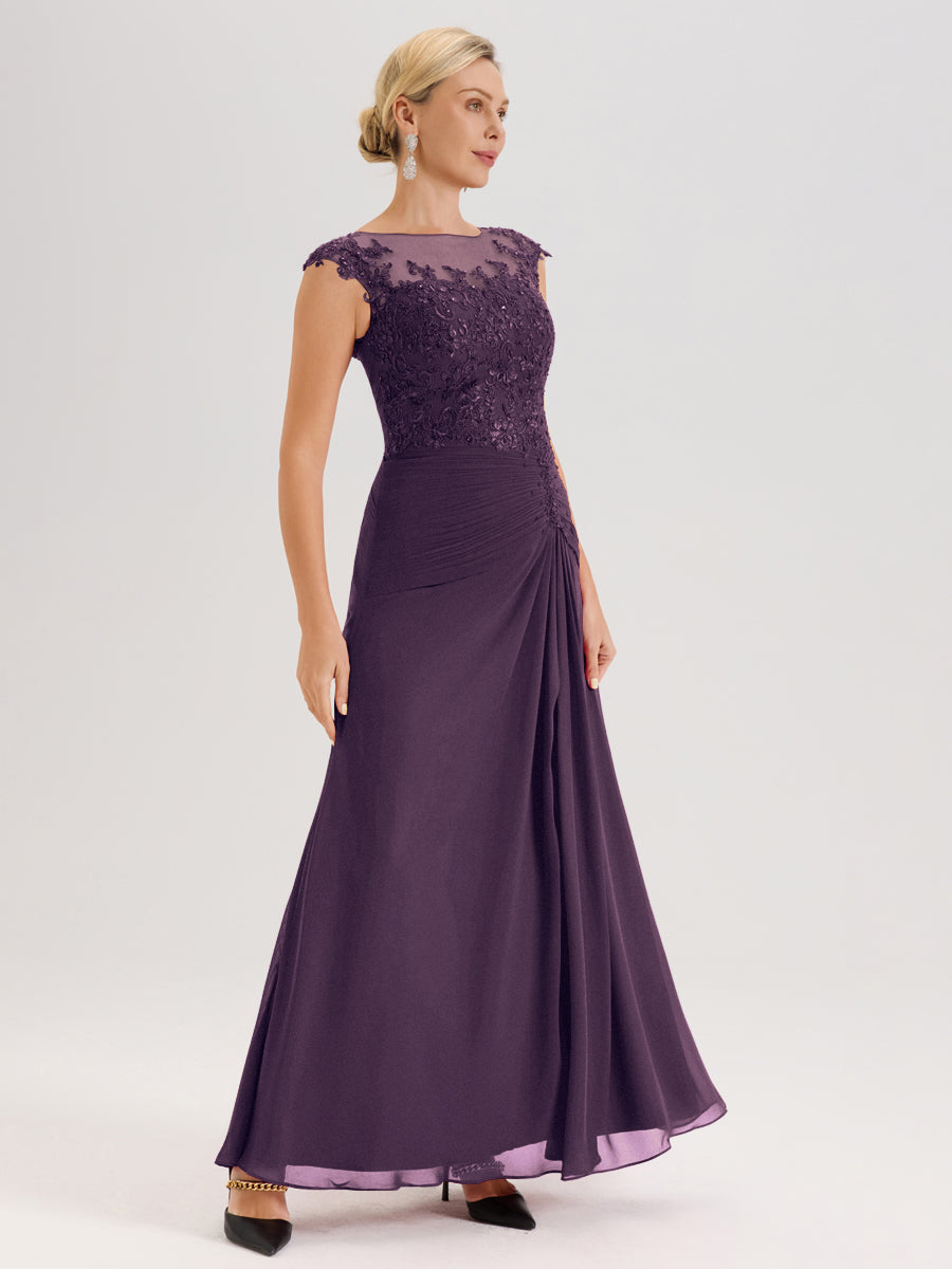 Cicinia Plum Robe De Mère De La Mariée Longue Ligne A En Dentelle Et Mousseline À Col Ras Du Cou Et Sans Manches
