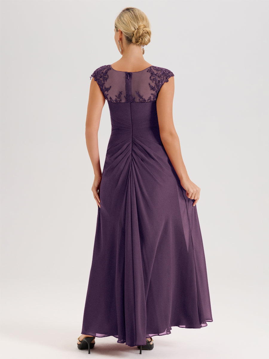 Cicinia Plum Robe De Mère De La Mariée Longue Ligne A En Dentelle Et Mousseline À Col Ras Du Cou Et Sans Manches