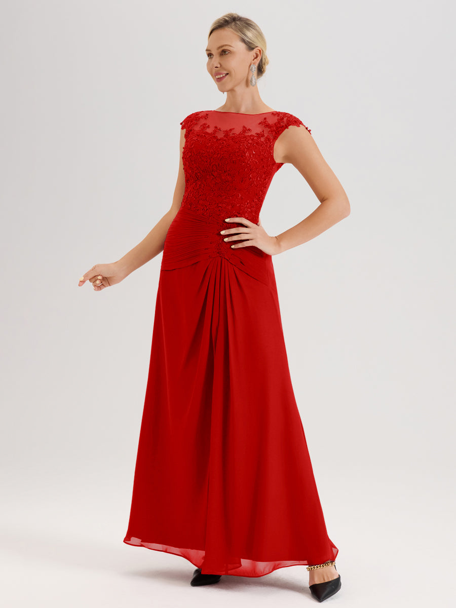 Cicinia Rouge Robe De Mère De La Mariée Longue Ligne A En Dentelle Et Mousseline À Col Ras Du Cou Et Sans Manches