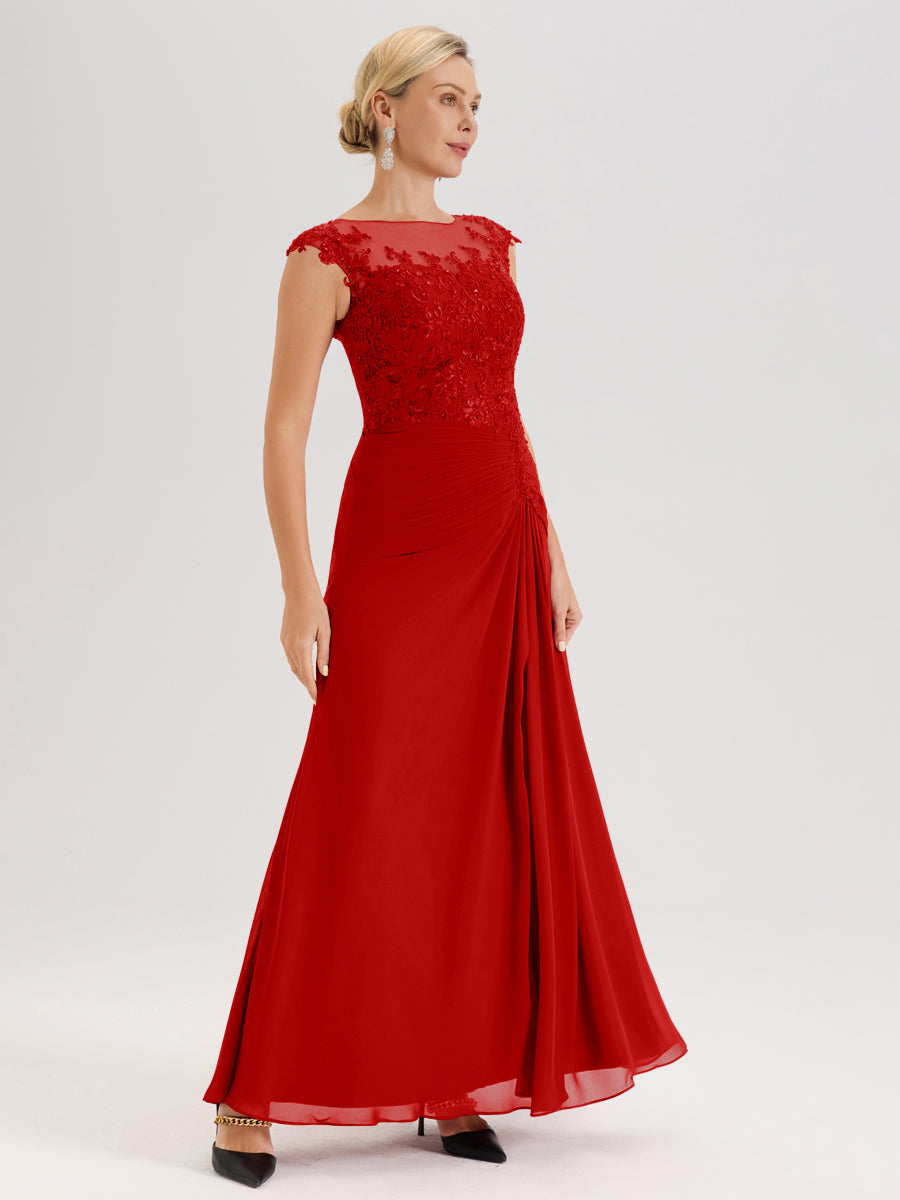 Cicinia Rouge Robe De Mère De La Mariée Longue Ligne A En Dentelle Et Mousseline À Col Ras Du Cou Et Sans Manches