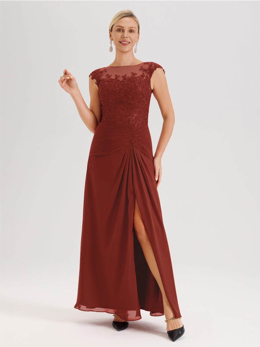 Cicinia Rouille Robe De Mère De La Mariée Longue Ligne A En Dentelle Et Mousseline À Col Ras Du Cou Et Sans Manches