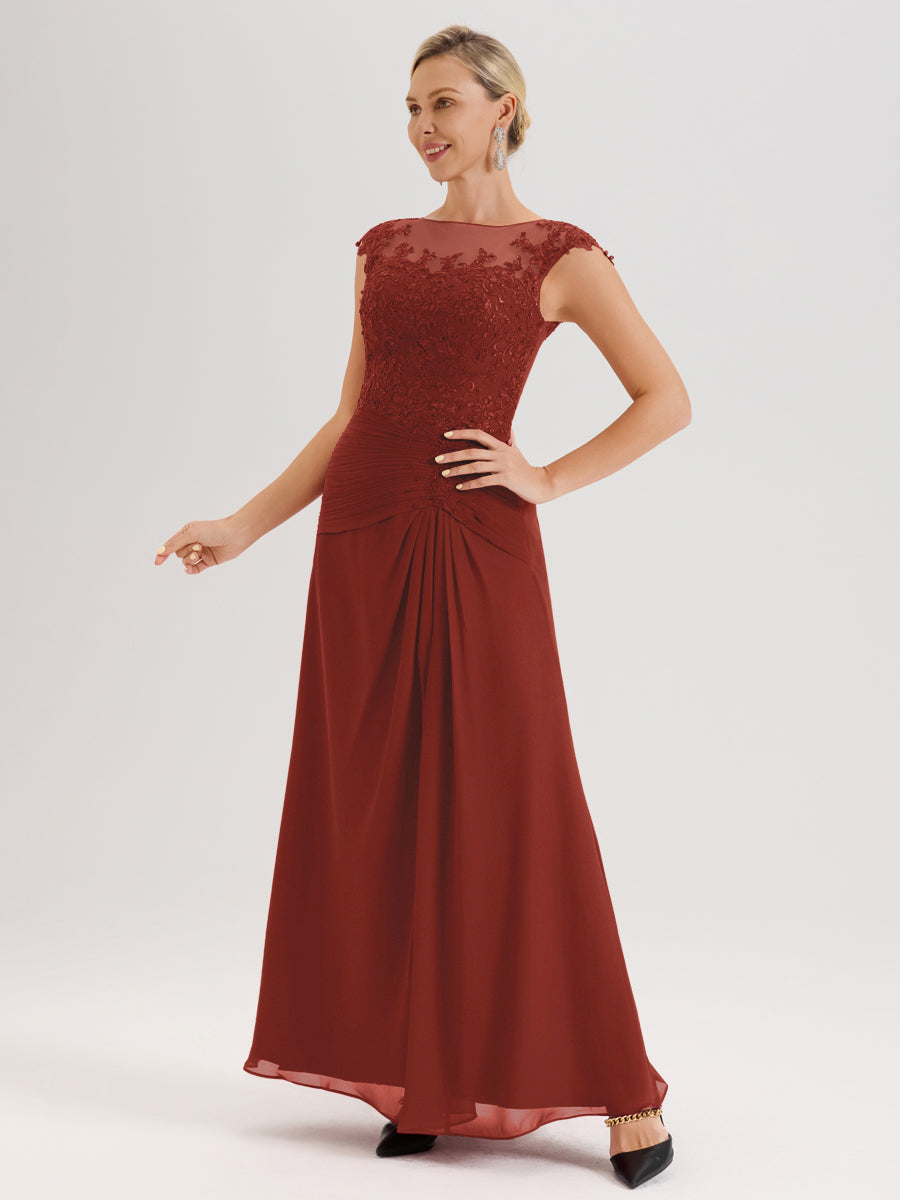 Cicinia Rouille Robe De Mère De La Mariée Longue Ligne A En Dentelle Et Mousseline À Col Ras Du Cou Et Sans Manches