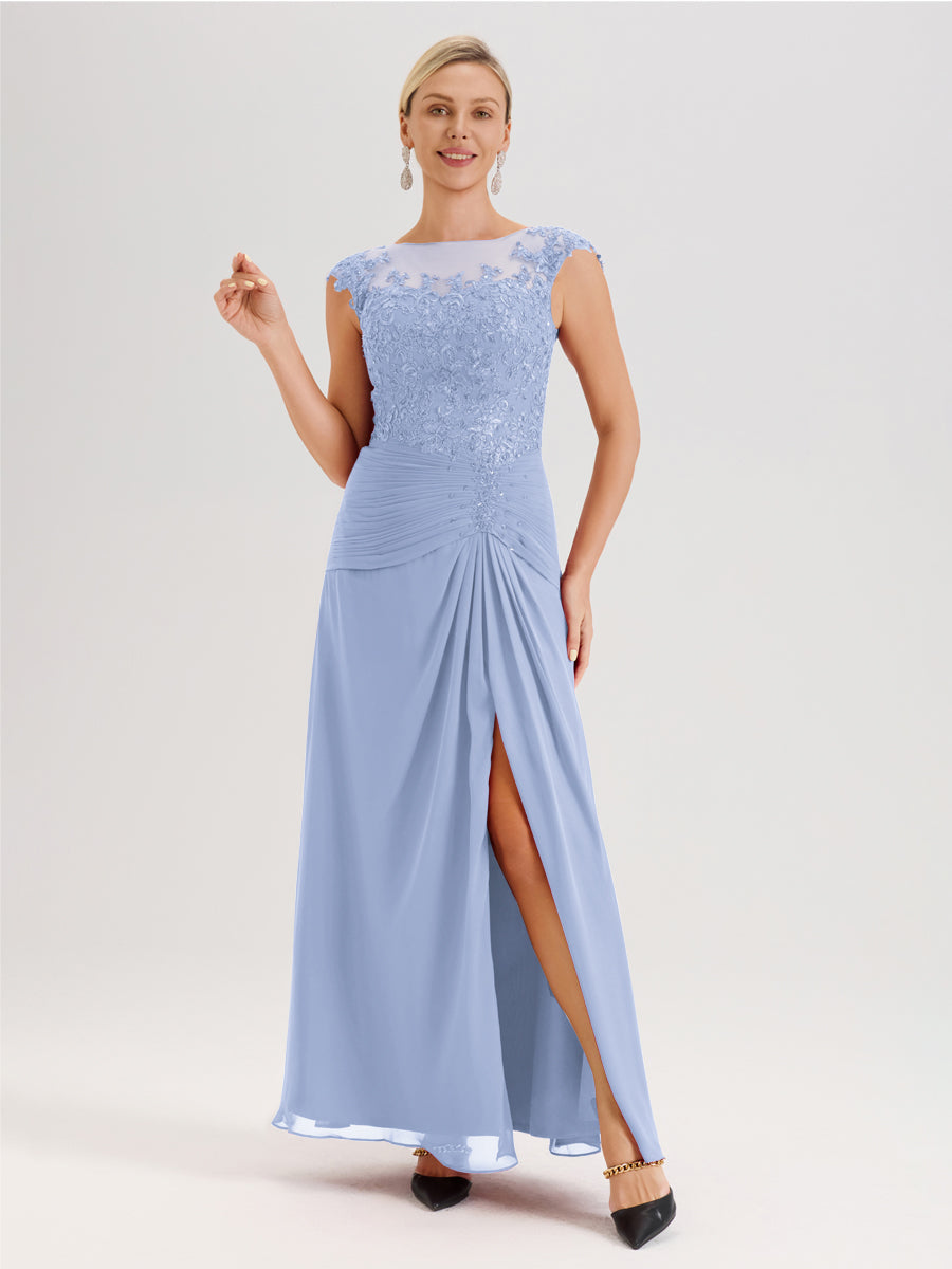 Cicinia Bleu Ciel Robe De Mère De La Mariée Longue Ligne A En Dentelle Et Mousseline À Col Ras Du Cou Et Sans Manches